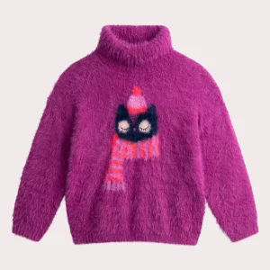 Pull violet en maille plume animation hibou pour fille
