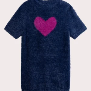 Robe pull bleu en maille plume irisée pour fille