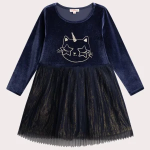 Robe bleue avec tulle animation chat glitter pour fille
