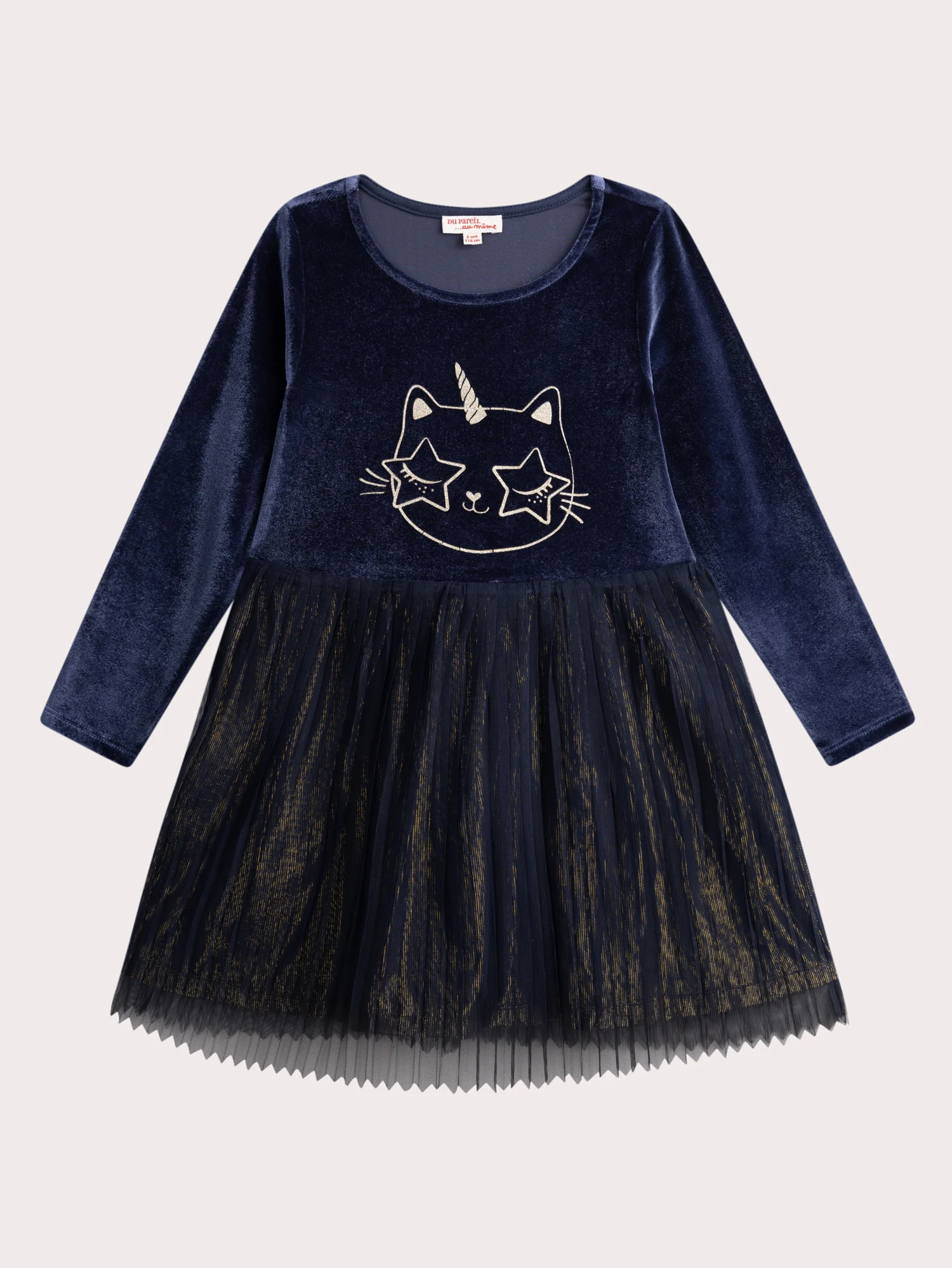 Robe bleue avec tulle animation chat glitter pour fille