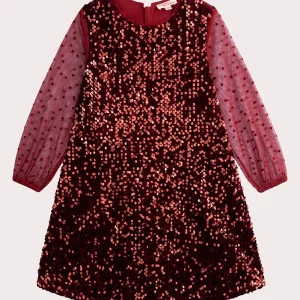 Robe à sequins bordeaux avec manches organza pour fille