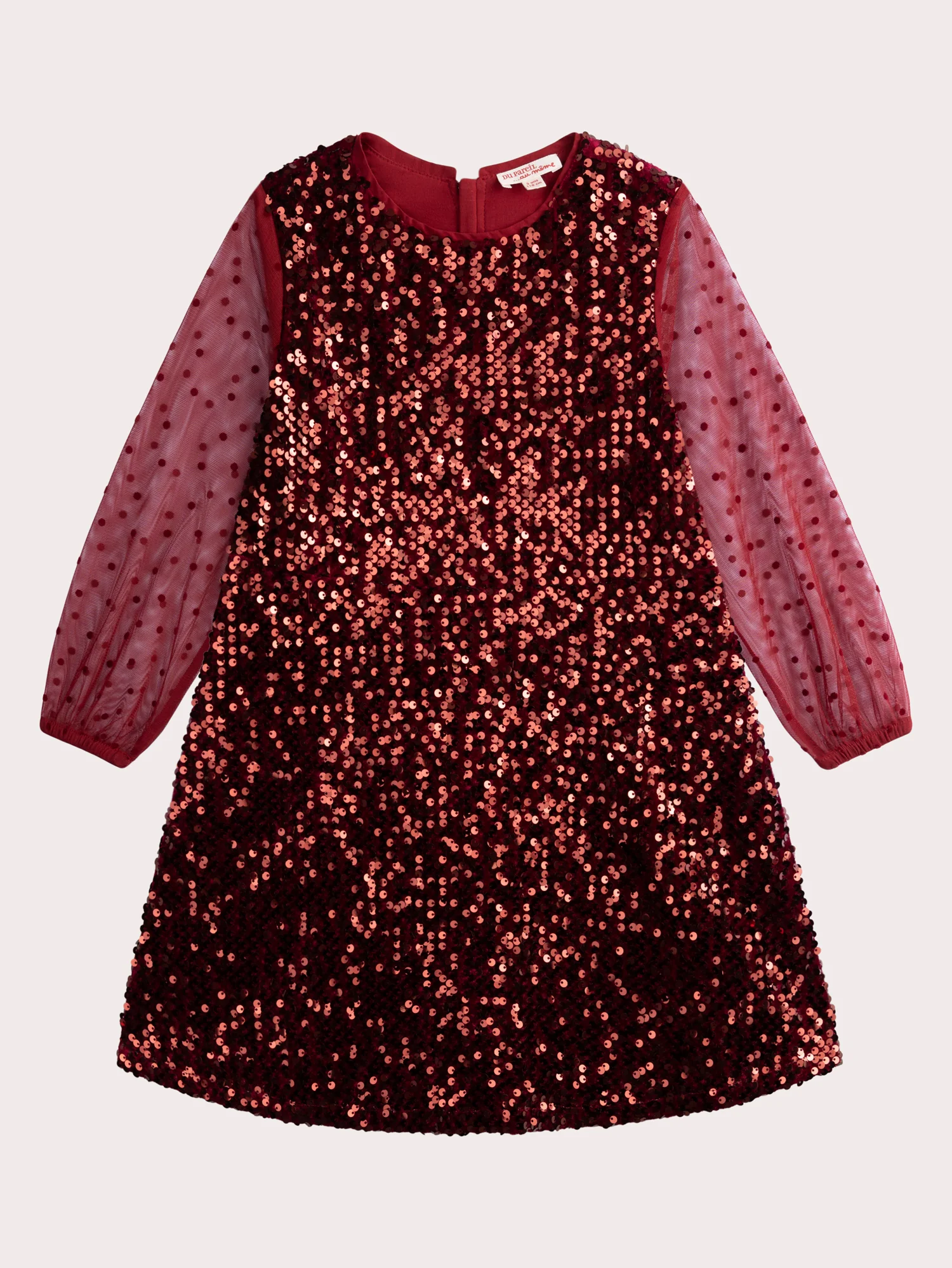 Robe à sequins bordeaux avec manches organza pour fille