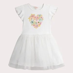 Robe écrue bi-matieres animation cœur en fleurs