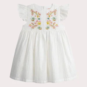 Robe écrue manches courtes à volants avec broderies