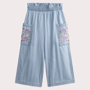 Pantalon brodé en denim léger bleu clair