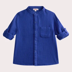 Chemise bleue col tunisien en gaze de coton