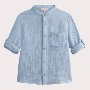 Chemise bleue manches longues en gaze de coton