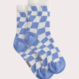 Chaussettes bleues et écrues à motif damier