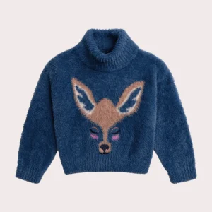Pull bleu en maille plume avec animation biche